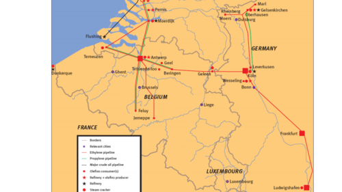 Propylene pipelines connect important chemical sites in the Netherlands (Rotterdam,
Moerdijk) and Belgium (Antwerp, Feluy, Geel, Beringen, Terneuzen). Dow operates its own
propylene pipeline from Rotterdam to Woensdrecht, near Terneuzen. In Northwest Germany,
there is only one propylene pipeline connecting Cologne, Gelsenkirchen and Marl (not
correctly shown on the map). 